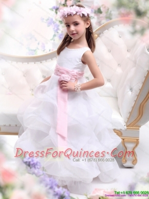 Adorable Scoop White Little Girl Pageant Dress with Sash and Ruffles