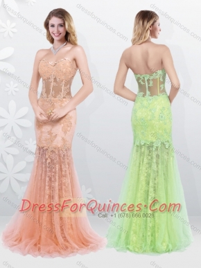 2016 Sexy Mermaid Sweetheart Brush Train Prom Dresses with Lace