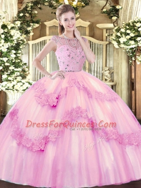 Suitable Sleeveless Tulle Floor Length Zipper 15 Quinceanera Dress in Rose Pink with Beading and Appliques