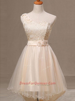 One Shoulder Champagne Sleeveless Knee Length Lace and Pleated and Hand Made Flower Lace Up Homecoming Dress