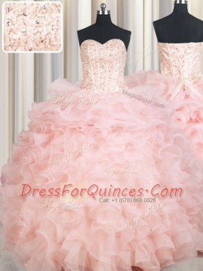 Custom Fit Sleeveless Floor Length Beading and Ruffles Lace Up Sweet 16 Quinceanera Dress with Baby Pink