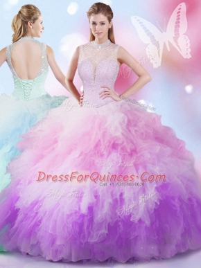 High-neck Sleeveless Tulle Vestidos de Quinceanera Beading and Ruffles Lace Up