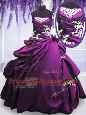 Stylish Purple Ball Gowns Taffeta Strapless Sleeveless Appliques and Pick Ups Floor Length Lace Up Quinceanera Dresses
