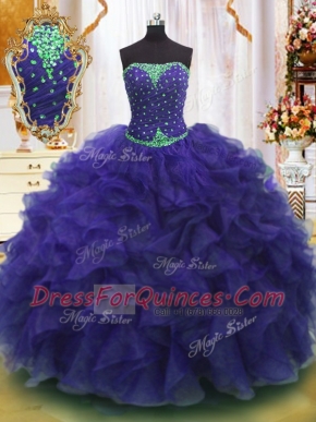 Sexy Strapless Sleeveless Organza Quinceanera Gowns Beading and Ruffles Lace Up