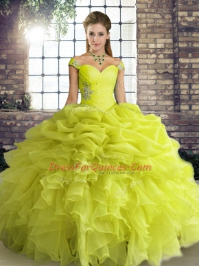 Yellow Green Ball Gowns Organza Off The Shoulder Sleeveless Beading and Ruffles and Pick Ups Floor Length Lace Up Sweet 16 Dresses