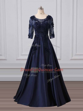 Stunning Scoop 3 4 Length Sleeve Satin Dress for Prom Lace and Appliques Brush Train Zipper