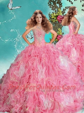 Gorgeous Rose Pink Brush Train Quinceanera Dress in Rolling Flowers