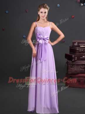 Most Popular Lavender Spaghetti Straps Zipper Ruching and Bowknot Vestidos de Damas Sleeveless