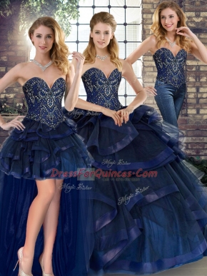 Latest Sleeveless Floor Length Beading and Ruffles Lace Up Sweet 16 Quinceanera Dress with Navy Blue