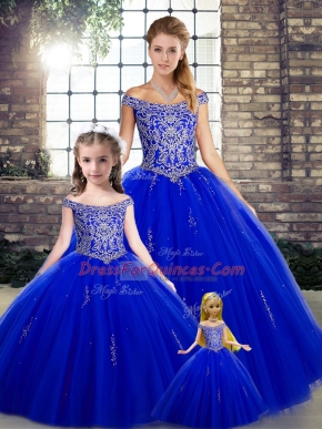 Sweet Royal Blue Tulle Lace Up Quince Ball Gowns Sleeveless Floor Length Beading