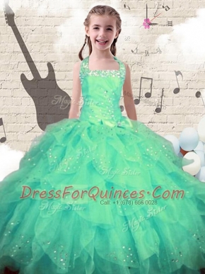 Halter Top Beading and Ruffles Toddler Flower Girl Dress Turquoise Lace Up Sleeveless Floor Length
