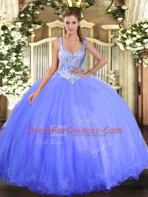 New Arrival Blue Sleeveless Floor Length Beading Lace Up Quinceanera Dress