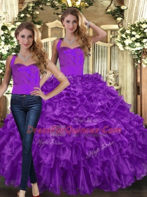 Stunning Purple 15 Quinceanera Dress Military Ball and Sweet 16 and Quinceanera with Ruffles Halter Top Sleeveless Lace Up