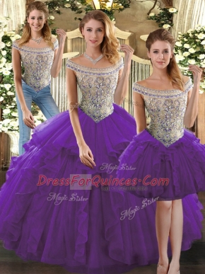 Exquisite Organza Bateau Sleeveless Lace Up Beading and Ruffles Vestidos de Quinceanera in Purple