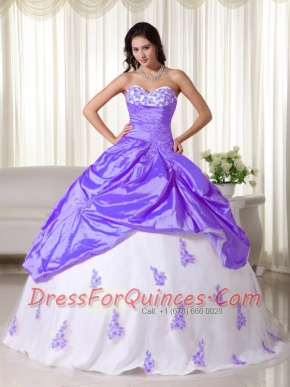 Taffeta Sweetheart Purple And White Ball Gown Floor-length Appliques Quinceanera Dress 2014
