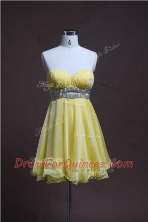 Lovely Sleeveless Organza Mini Length Backless Prom Dress in Light Yellow with Beading