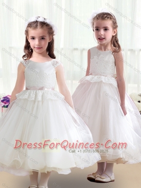 Lovely Tea Length White Flower Little Girl Dress with Appliques