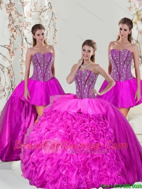 2015 Spring Detachable Hot Pink Sweet 16 Dresses with Beading and Ruffles