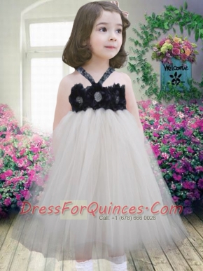 Halter Top A-Line Tea-length Little Girl Dresses in White and Black