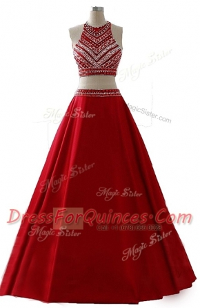 High Class Scoop Sleeveless Dress for Prom Floor Length Beading Wine Red Chiffon
