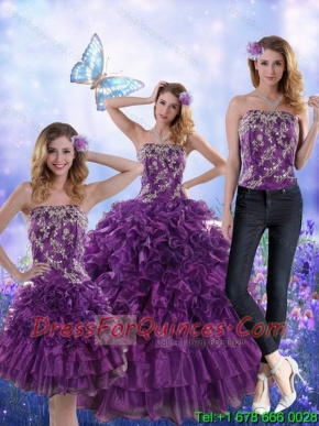 Elegant Purple Strapless Quince Dresses with Appliques and Ruffles for 2015