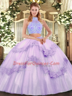 Fashionable Halter Top Sleeveless Tulle Sweet 16 Quinceanera Dress Beading and Appliques and Ruffles Lace Up