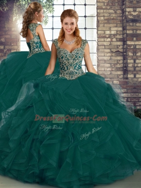 Beading and Ruffles Quinceanera Gown Peacock Green Lace Up Sleeveless Floor Length