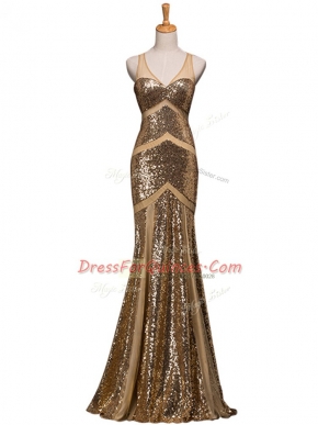Superior Brown Sequined Backless Prom Party Dress Sleeveless Sweep Train Ruching