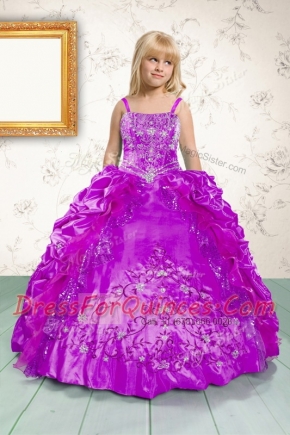 Hot Selling Satin Sleeveless Floor Length Flower Girl Dress and Beading and Appliques and Pick Ups