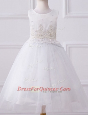 Scoop White Sleeveless Beading and Appliques Floor Length Flower Girl Dresses