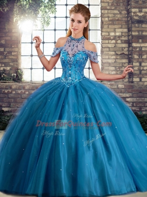 Blue Sweet 16 Quinceanera Dress Tulle Brush Train Sleeveless Beading