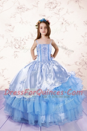 Designer Sleeveless Organza Floor Length Lace Up Girls Pageant Dresses in Baby Blue with Embroidery and Ruffled Layers