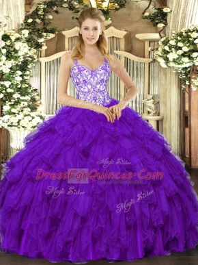 Purple Lace Up Straps Beading and Ruffles 15th Birthday Dress Organza Sleeveless