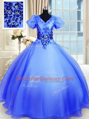 Cheap Blue Short Sleeves Floor Length Appliques Lace Up Quinceanera Dresses
