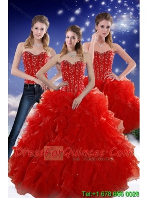 2015 Perfect Red Sweetheart Quince Dresses with Beading and Ruffles
