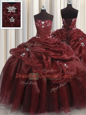 Custom Made Sweetheart Sleeveless 15th Birthday Dress Floor Length Beading and Appliques and Pick Ups Burgundy Organza