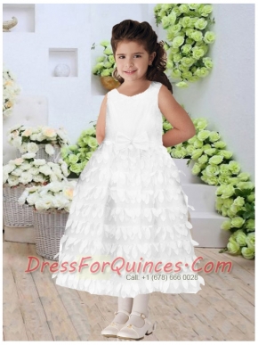 Sweet Column Straps Flower Girl Dress with Appliques in White for 2014