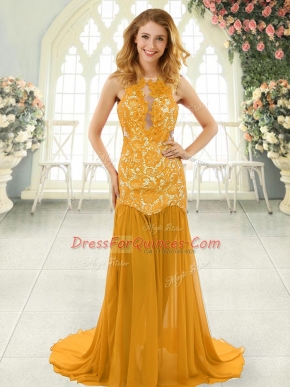 Attractive Gold Chiffon Backless Prom Gown Sleeveless Brush Train Lace