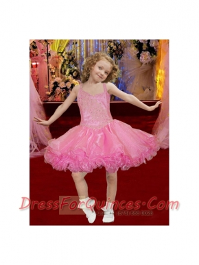 2014 Sweet Short Beading and Ruffles Pink Little Girl Dress with Straps
