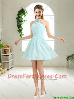 Cheap Halter Top Belt Light Blue Prom Dresses for 2016