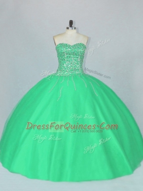 Inexpensive Green Ball Gowns Sweetheart Sleeveless Tulle Floor Length Lace Up Beading Sweet 16 Dress