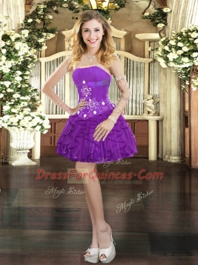 Captivating Purple Tulle Lace Up Strapless Sleeveless Mini Length Prom Evening Gown Beading and Ruffles