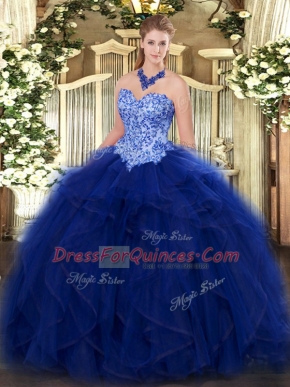 Floor Length Lace Up Quince Ball Gowns Blue for Military Ball and Sweet 16 and Quinceanera with Appliques and Ruffles