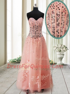 Ankle Length Lace Up Prom Evening Gown Peach for Prom with Beading