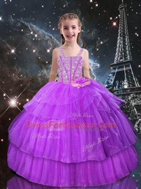 Sleeveless Beading and Ruffled Layers Lace Up Kids Formal Wear