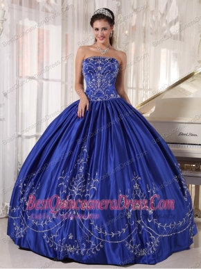 Blue Ball Gown Strapless Floor-length Satin Embroidery Quinceanera Dress