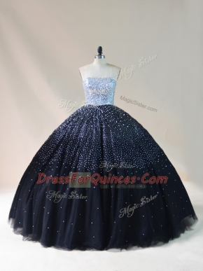 Deluxe Black Ball Gowns Tulle Strapless Sleeveless Beading Floor Length Lace Up Sweet 16 Dress