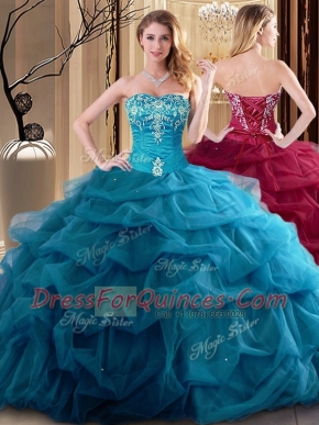 Noble Teal Ball Gowns Sweetheart Sleeveless Tulle Floor Length Lace Up Embroidery and Ruffles Quinceanera Dress