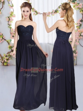 Glamorous Sweetheart Sleeveless Vestidos de Damas Floor Length Beading and Lace Navy Blue Chiffon