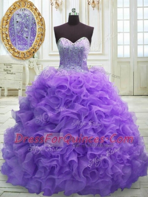 New Arrival Organza Sweetheart Sleeveless Sweep Train Lace Up Beading and Ruffles Quinceanera Gowns in Purple